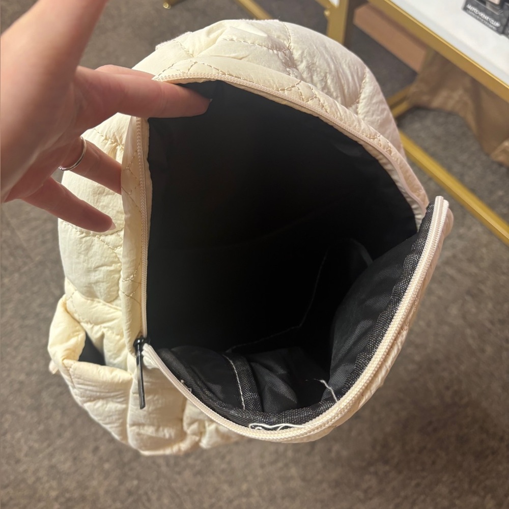 Beige Solid Quilted Nylon Backpack - Picture 3 of 3